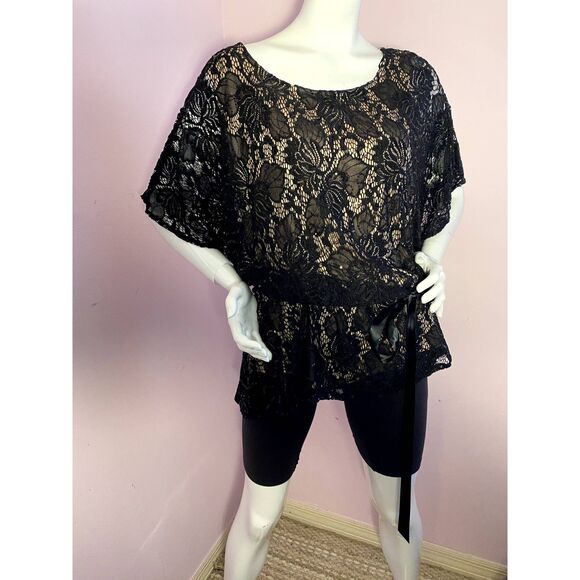 Alex Evening Size 3X Lace Top Flutter Sleeve Sequin Black Nude NWT - Picture 1 of 10